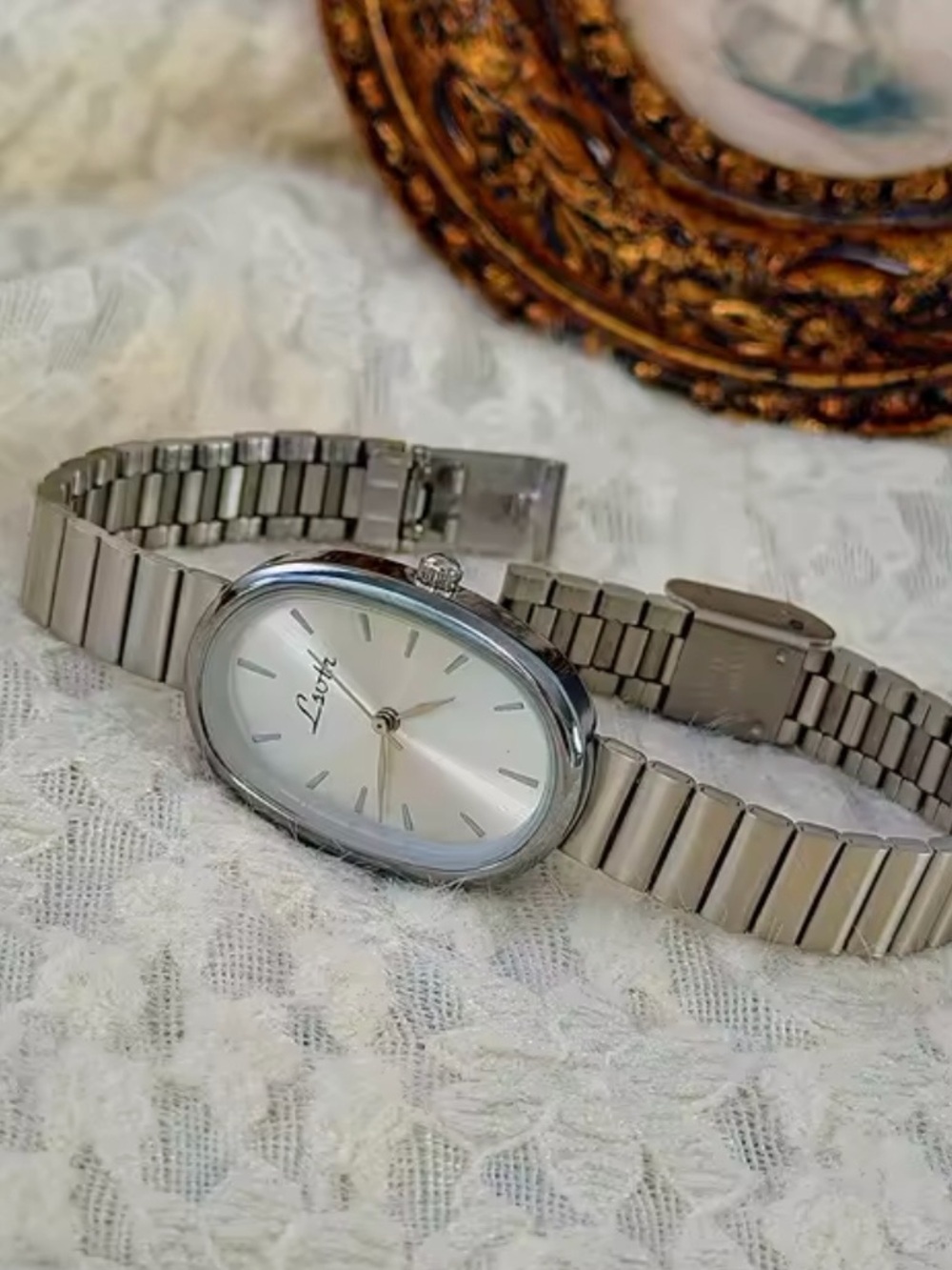 Silver Oval Stainless Steel Wrist Watch